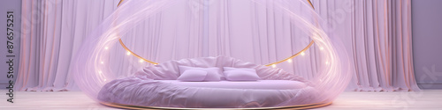 Empty, lavender-colored bed, soft lighting.