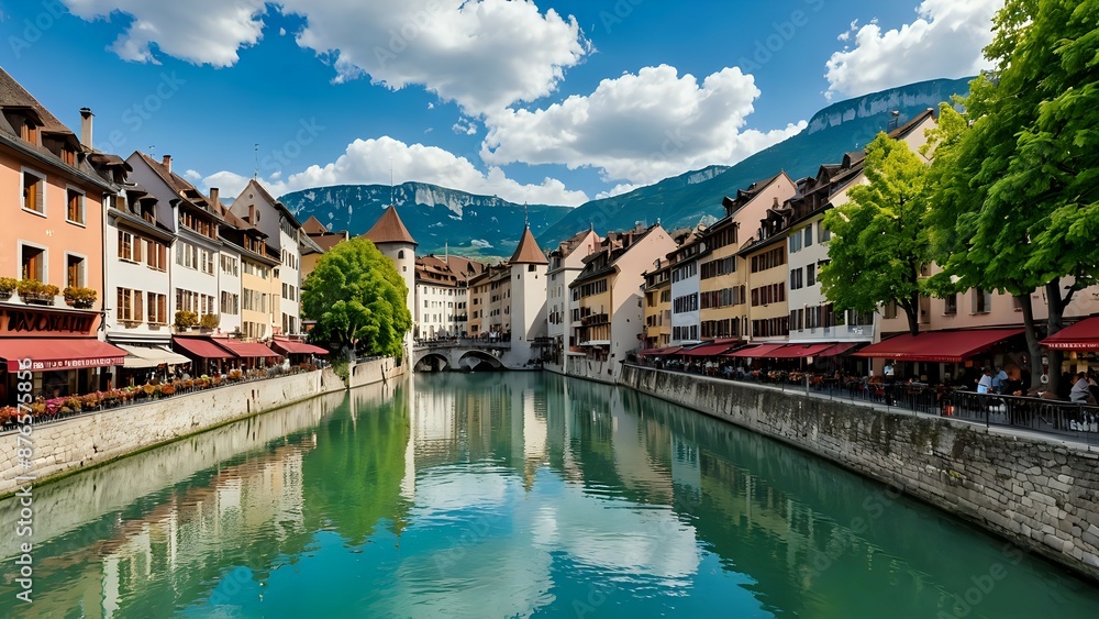 Picturesque canal in a European city, with colorful buildings and a bridge. Picturesque canal in a European city, with colorful buildings and a bridge.