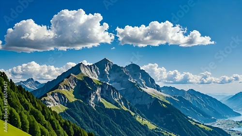 Majestic mountain peaks pierce a blue sky dotted with fluffy white clouds.