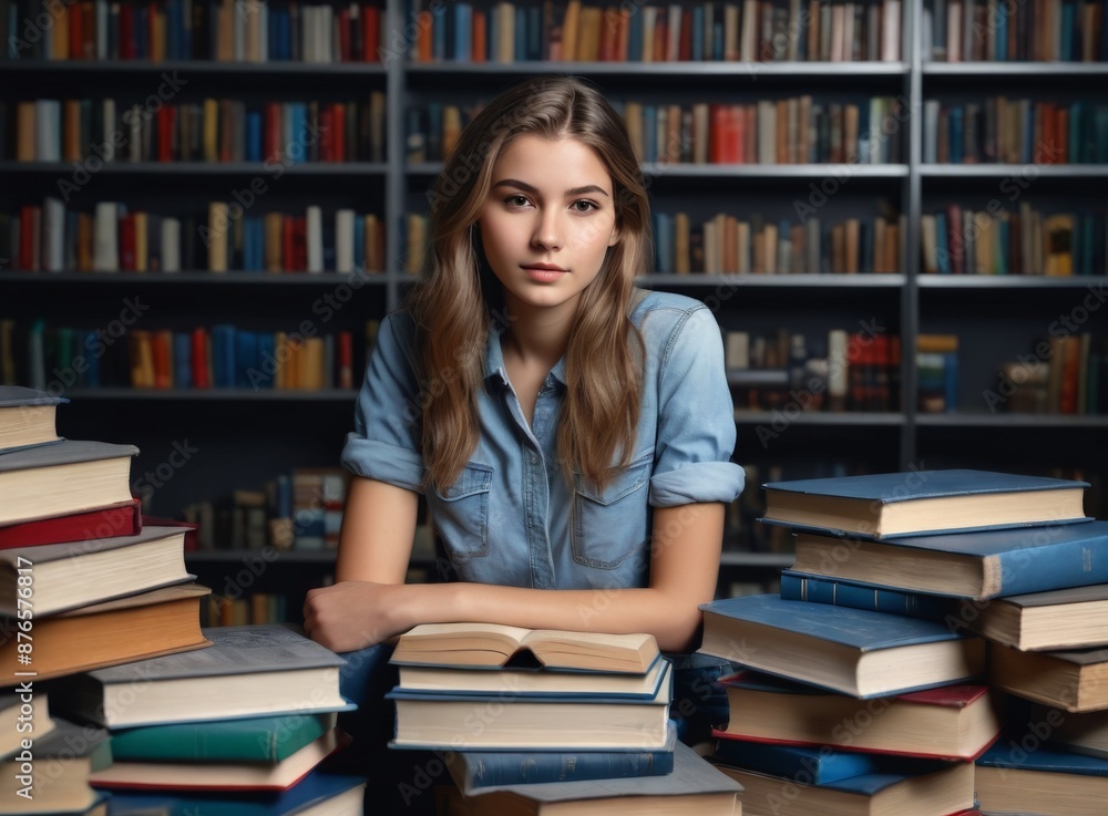 Portrait of a european young female student sitting in a library Portrait of a european young female student sitting in a library