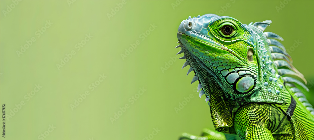 Close-up of a vibrant green iguana against a blurred green background, highlighting its detailed scales and intense gaze. Close-up of a vibrant green iguana against a blurred green background, highlighting its detailed scales and intense gaze.