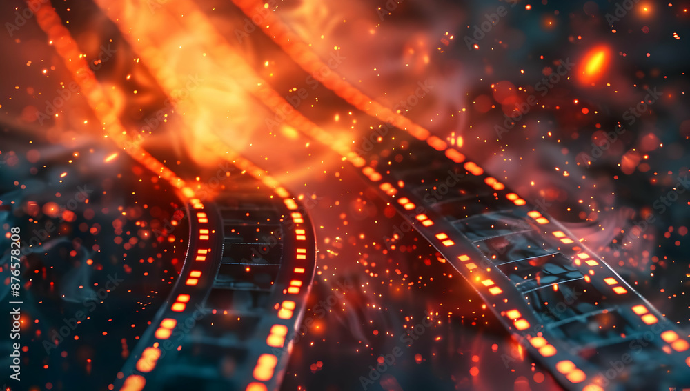 Dynamic fiery film strips in motion, engulfed in flames and sparkles, depicting intense cinematic energy and creativity. Dynamic fiery film strips in motion, engulfed in flames and sparkles, depicting intense cinematic energy and creativity.