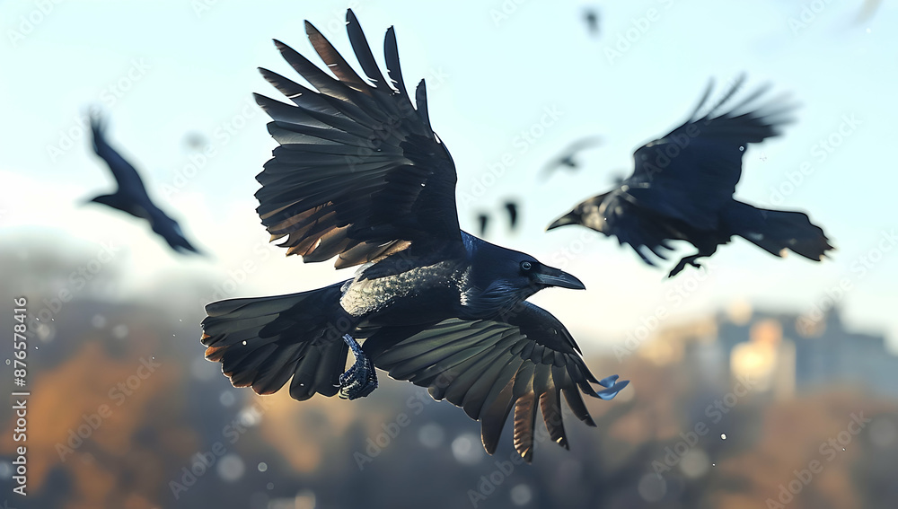 Obraz premium Flock of black ravens flying over a city park with autumn trees, capturing the beauty and mystique of urban wildlife.