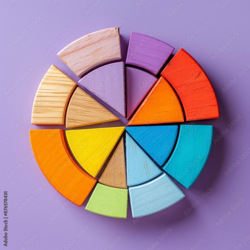 Fototapeta premium Wooden blocks with pie chart segments on a purple background, illustrating financial distribution for investment analysis Flat lay High quality, no realistic photo details
