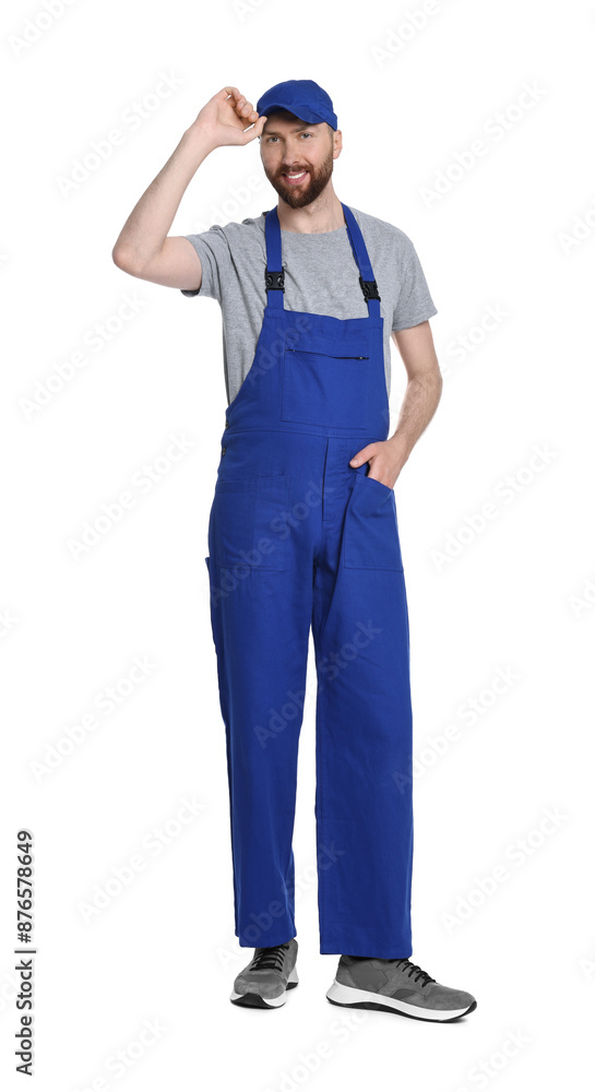 Professional auto mechanic in uniform on white background Professional auto mechanic in uniform on white background