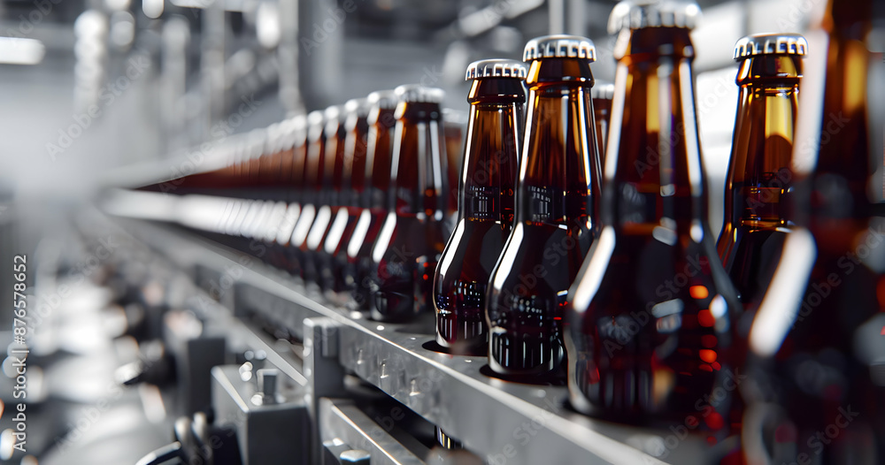 Industrial beer bottles filling line at a brewery, showcasing the process of bottling beverage production in a modern facility. Industrial beer bottles filling line at a brewery, showcasing the process of bottling beverage production in a modern facility.