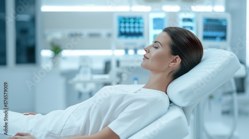 A woman in a white uniform relaxes in a contemporary medical facility with advanced equipment in the background.