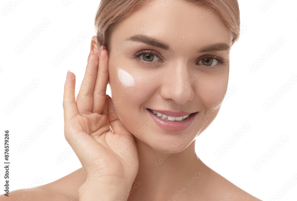 Beautiful woman with cream on her face against white background, closeup Beautiful woman with cream on her face against white background, closeup