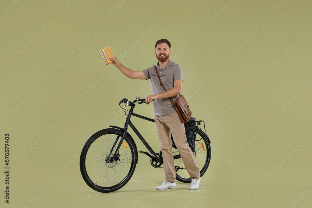 Postman with bicycle delivering letters on light green background Postman with bicycle delivering letters on light green background