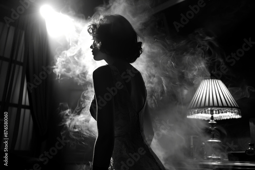 Sultry Shadows - Classic Film Noir scene with a femme fatale in a smoke filled room