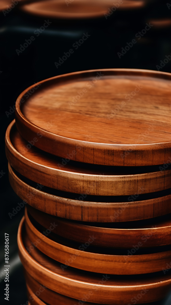 Fototapeta premium Stacked wooden plates, warm brown tones. 