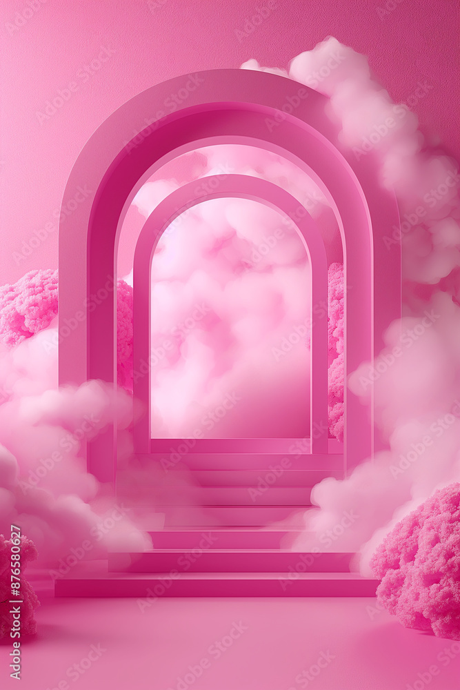 Pink Arch Entrance with clouds, Steps and Cotton-Like Trees in Dreamy, Vibrant Landscape for Fantasy-Themed Product Display Pink Arch Entrance with clouds, Steps and Cotton-Like Trees in Dreamy, Vibrant Landscape for Fantasy-Themed Product Display