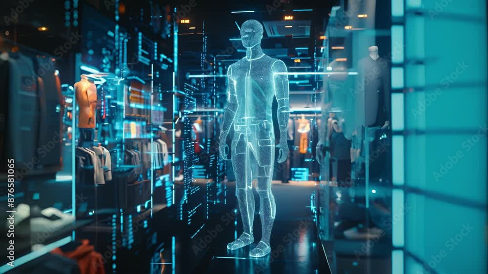 A fullbody holographic mirror standing in a retail store allowing customers to virtually try on outfits using augmented reality and 5G technology.