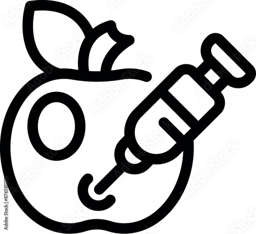 Simple icon of a syringe injecting a chemical liquid into an apple, representing gmo food