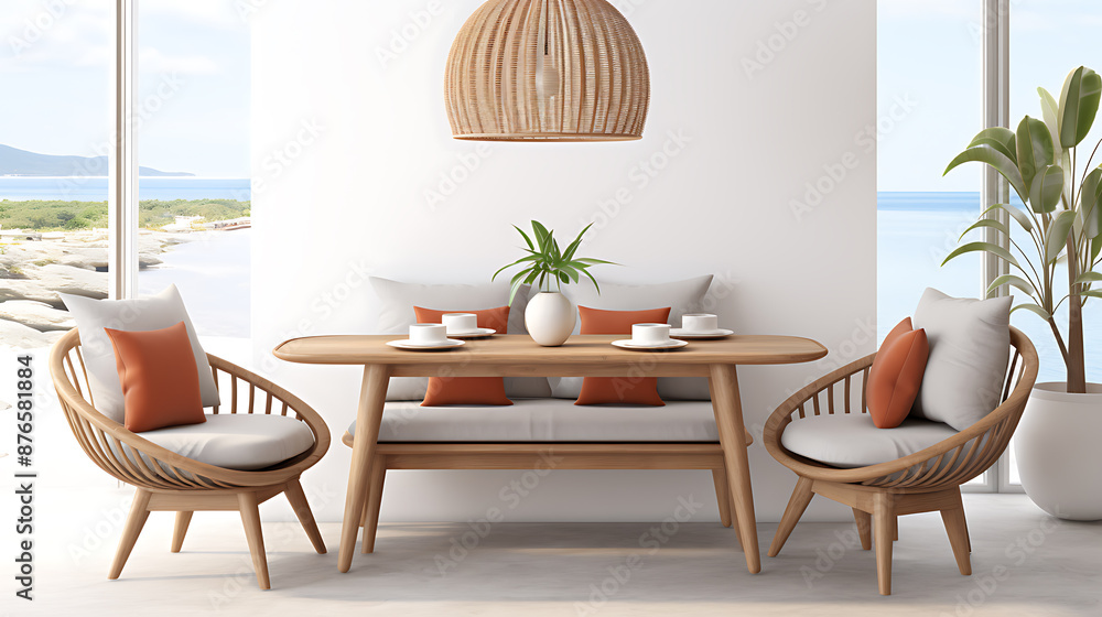 Fototapeta premium Coastal living room interior design with natural light, light wood, and orange accents, perfect for summer vacation. 