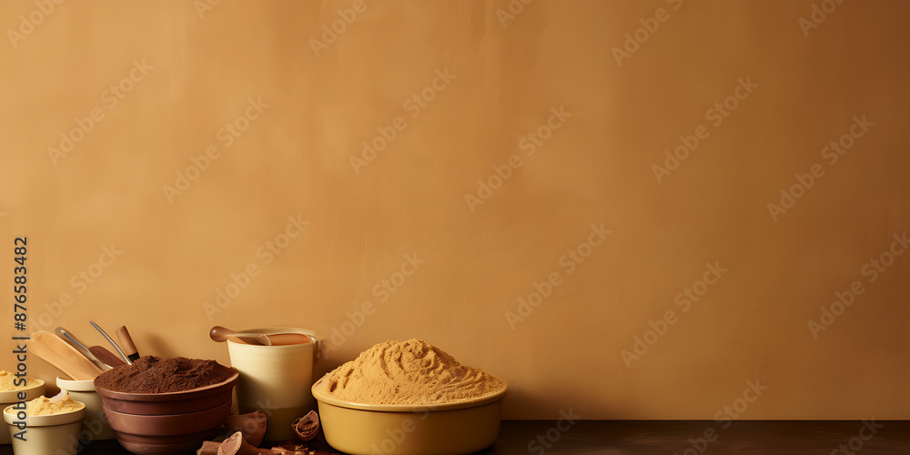 Brown, beige, and yellow spices in bowls on a wooden table with a brown background, minimalistic and elegant, perfect for food and culinary content. Brown, beige, and yellow spices in bowls on a wooden table with a brown background, minimalistic and elegant, perfect for food and culinary content.