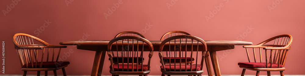 Wooden chairs, table, red wall, rustic, cozy, inviting, family dinner, home decor.
Wooden chairs, table, red wall, rustic, cozy, inviting, family dinner, home decor.