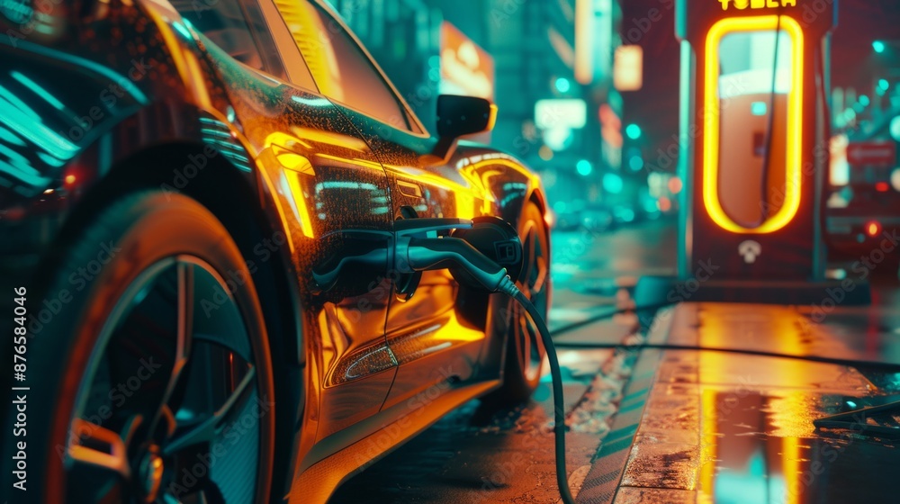 Power supply connected to electric car charge battery. Automotive innovation and technology concepts, Generative Ai. Power supply connected to electric car charge battery. Automotive innovation and technology concepts, Generative Ai.