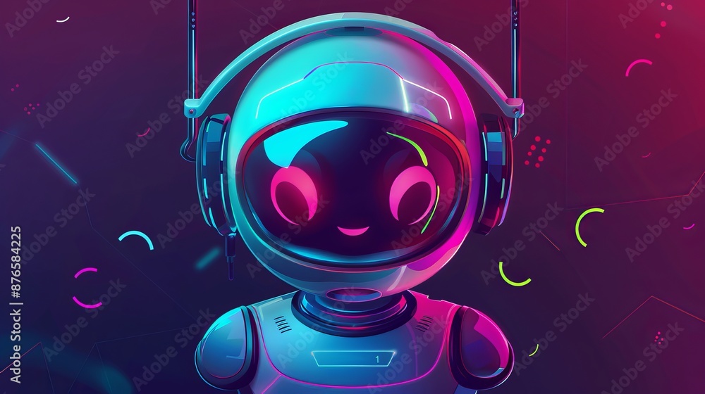 Fototapeta premium AI robot bot. Chat, chatbot technology, 3d artificial icon, GPT customer service, support character face, human intelligence. Cyborg, headphones, speech bubble. Vector customer app laptop illustration