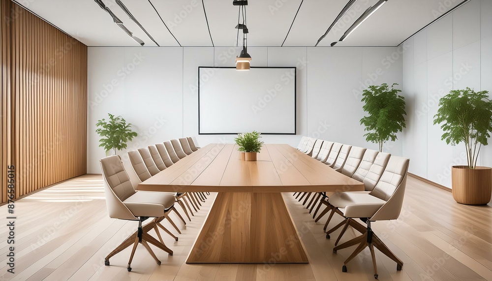Fototapeta premium A contemporary meeting space featuring a long wooden table, minimalist white chairs, a wall-