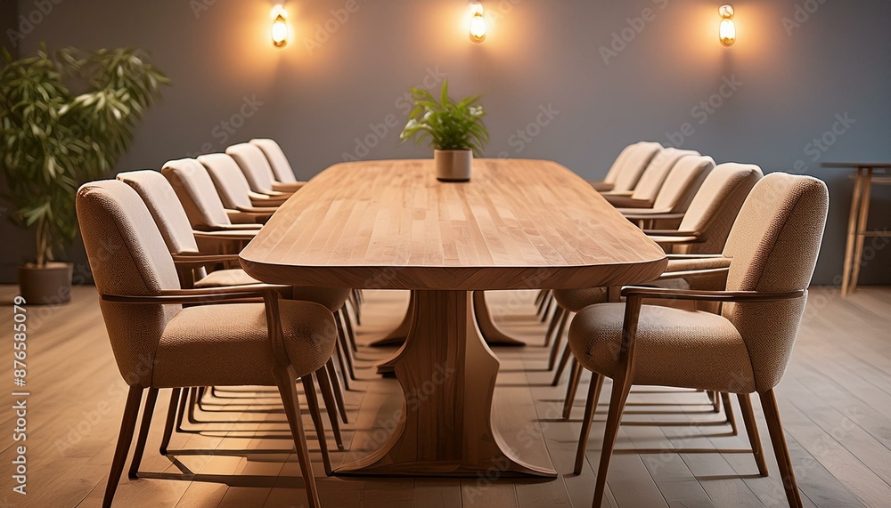 Obraz premium A cozy conference room with a wooden round table, plush navy blue chairs, and warm lighting