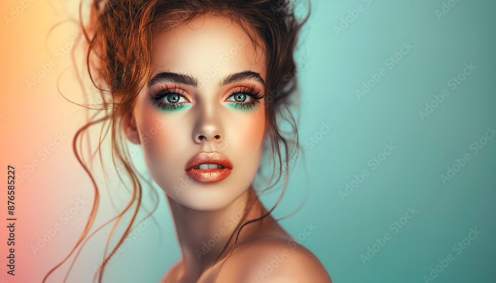 A woman with bright, colorful makeup and curly hair, gazing confidently to the side, highlighting her artistic look A woman with bright, colorful makeup and curly hair, gazing confidently to the side, highlighting her artistic look
