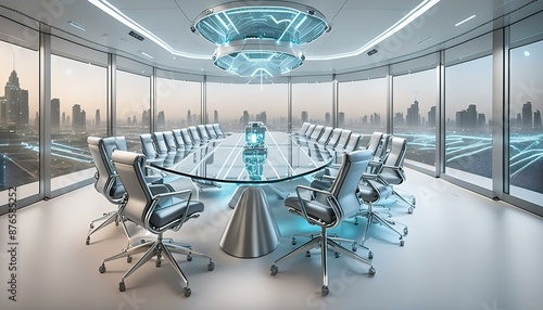 A futuristic conference room with a transparent table, high-tech holographic displays, and s  photo