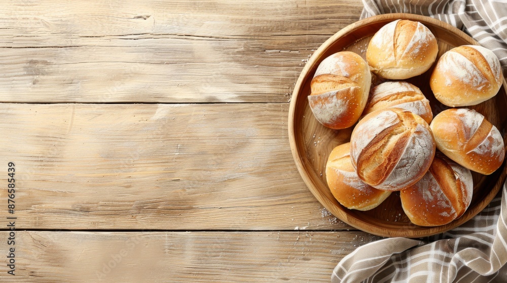 Assorted bread rolls on a wooden table, text space Assorted bread rolls on a wooden table, text space