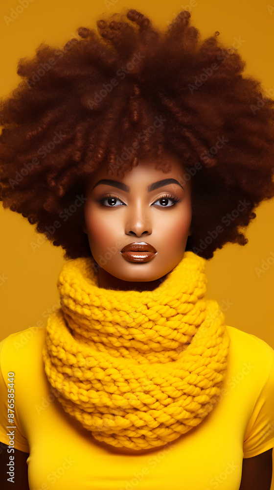 A woman with brown afro hair, yellow scarf, and yellow shirt, stylish and modern, a concept of beauty and fashion for fall and winter.
A woman with brown afro hair, yellow scarf, and yellow shirt, stylish and modern, a concept of beauty and fashion for fall and winter.