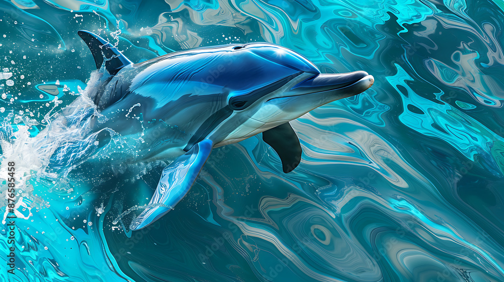Fototapeta premium A blue, white, and grey dolphin leaps through turquoise water, evoking a sense of freedom and joy, perfect for summer vacation and travel themes. 