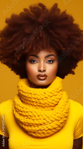 A woman with brown afro hair, yellow scarf, and yellow shirt, stylish and modern, a concept of beauty and fashion for fall and winter. 
