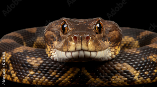 A snake coils around itself, head forward, displaying a menacing expression.
