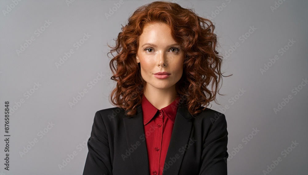 Φωτογραφία A professional young businesswoman with curly auburn hair, wearing a sleek black blazer over