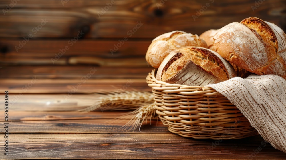 Bread basket with assorted loaves on a wooden background, copy space Bread basket with assorted loaves on a wooden background, copy space