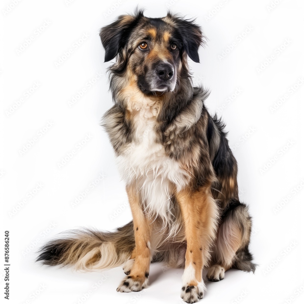 Beautiful mixed breed dog sitting on a white background. The dog's fur is long and fluffy with various shades of brown and black. This calm and attentive dog is looking straight ahead. Beautiful mixed breed dog sitting on a white background. The dog's fur is long and fluffy with various shades of brown and black. This calm and attentive dog is looking straight ahead.