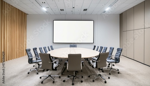 A white screen mockup in a corporate conference room with standard office chairs, a large oval table in the center, creating a professional and minimalist atmosphere.