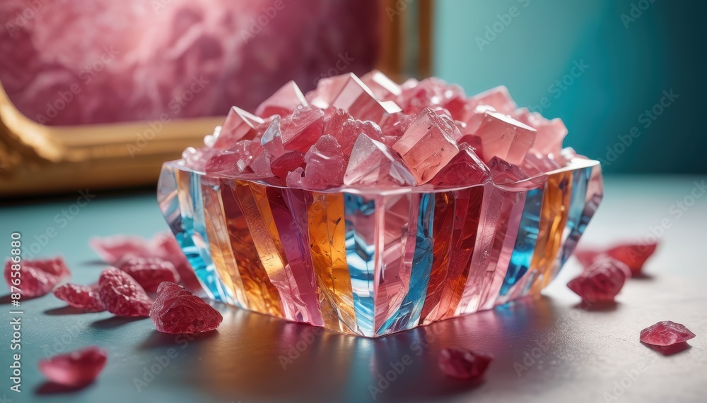 Pink Crystal Gems in a Multicolored Bowl. Pink Crystal Gems in a Multicolored Bowl.