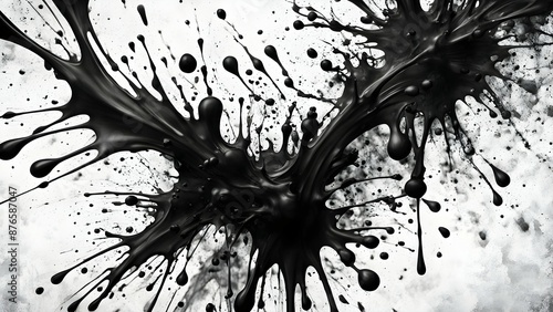 Black liquid or tar-like substance exploding or splashing with droplets against a white background photo