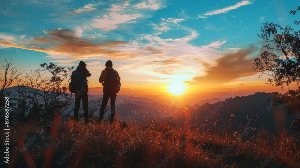 custom made wallpaper toronto digitalTwo hikers watching a breathtaking sunset from a mountaintop, enjoying the vibrant colors and serene atmosphere of the landscape.