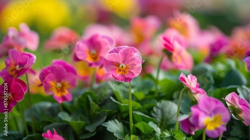 Beautiful blooming pink flowers in a vibrant garden, close-up view with soft focus and colorful background.
