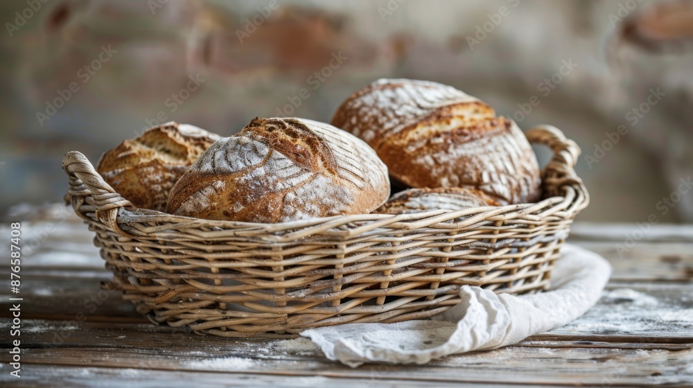 Fresh bread basket on a weathered wooden surface Fresh bread basket on a weathered wooden surface