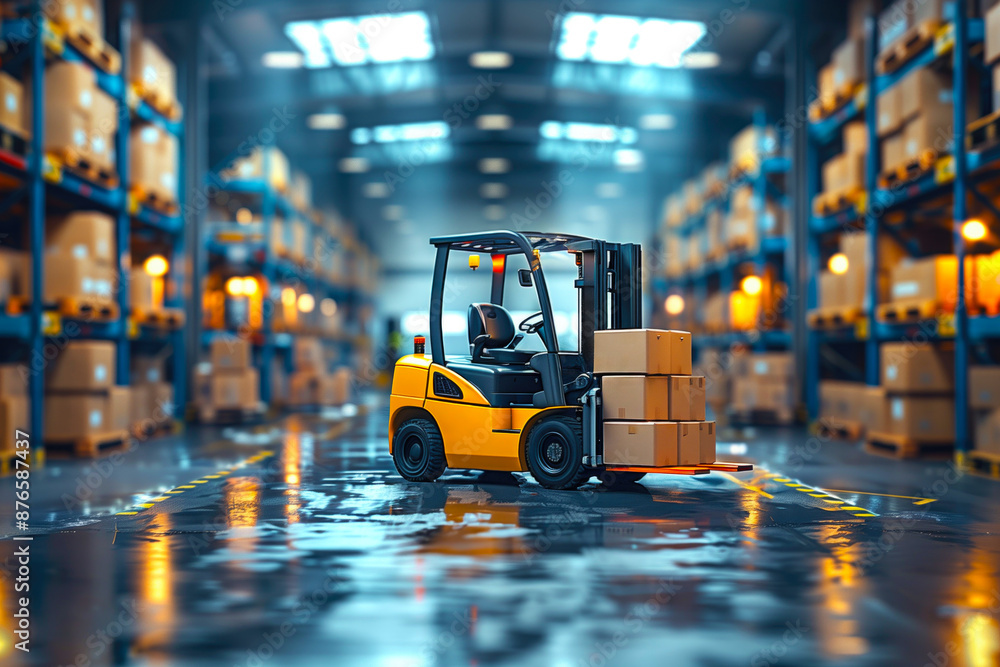 Yellow forklift moving boxes in a modern warehouse. The warehouse is well-organized with shelves full of packages. The forklift is a key element in efficient inventory management. Yellow forklift moving boxes in a modern warehouse. The warehouse is well-organized with shelves full of packages. The forklift is a key element in efficient inventory management.