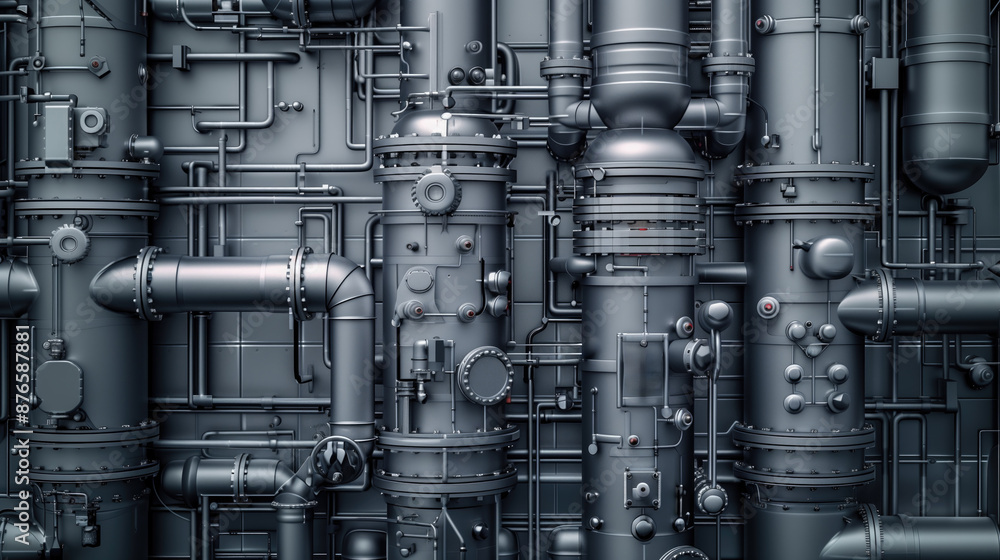 Close-up view of an intricate industrial piping system. The complex network of pipes and valves showcases modern engineering and industrial design. Close-up view of an intricate industrial piping system. The complex network of pipes and valves showcases modern engineering and industrial design.