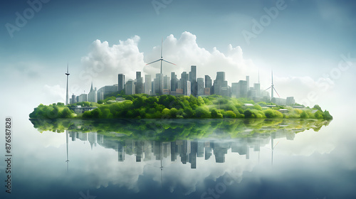 A futuristic green city on an island with a blue sky and water, evoking a sense of hope and sustainability. 