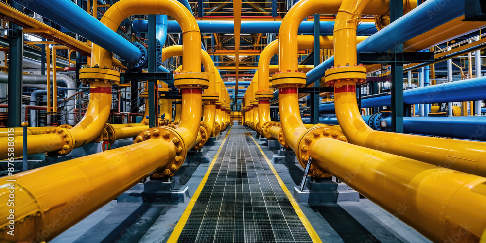 Complex network of yellow and blue pipes inside a modern industrial plant. Advanced engineering and infrastructure. Yellow gas pipes. Complex network of yellow and blue pipes inside a modern industrial plant. Advanced engineering and infrastructure. Yellow gas pipes.
