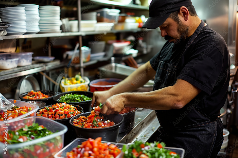 Chef preparing signature salsa in restaurant kitchen, environmental shot, Mexican food. Chef preparing signature salsa in restaurant kitchen, environmental shot, Mexican food.