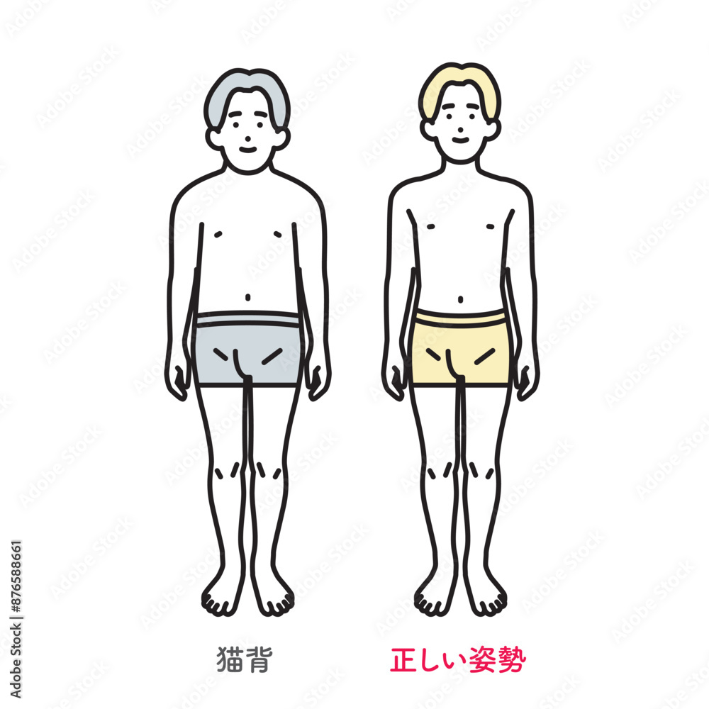 シンプル イラスト 正しい姿勢の男性と猫背の男性 シンプル イラスト 正しい姿勢の男性と猫背の男性