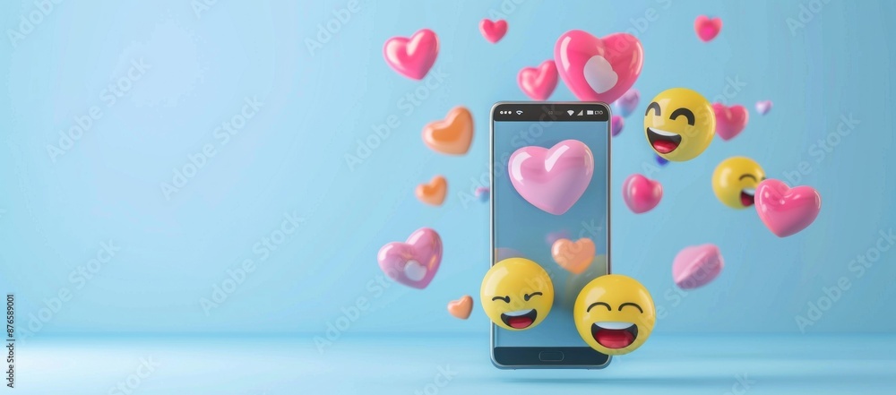 3D Render of Emojis and Hearts Around a Smartphone 3D Render of Emojis and Hearts Around a Smartphone