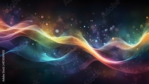 Multicolor light waves with glowing particles on dark background © rizkan
