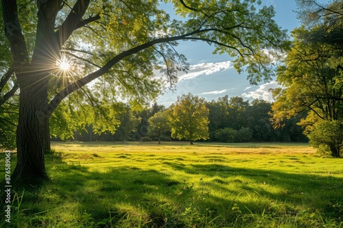 Landscape in summer with trees and meadows in bright sunshine photo